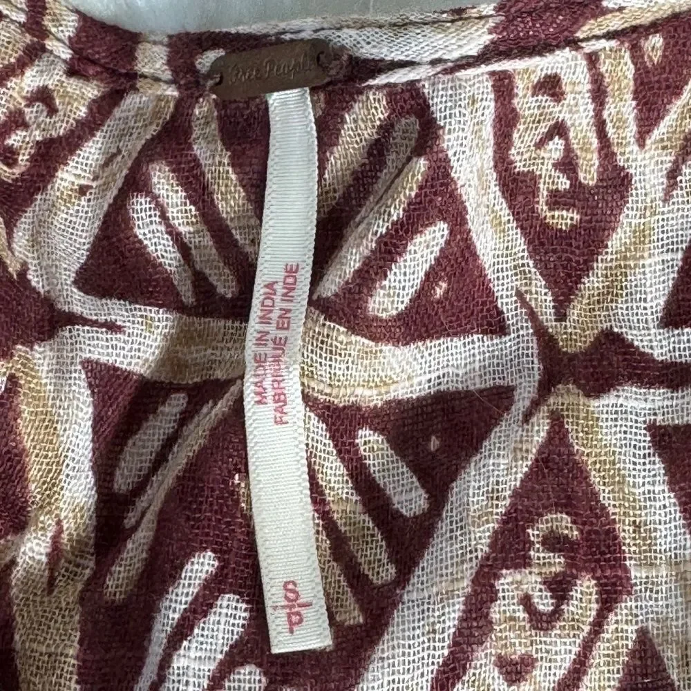 Free People Waverly‎ Women's Brown Batik Print Slouchy Crop Blouse Sz S